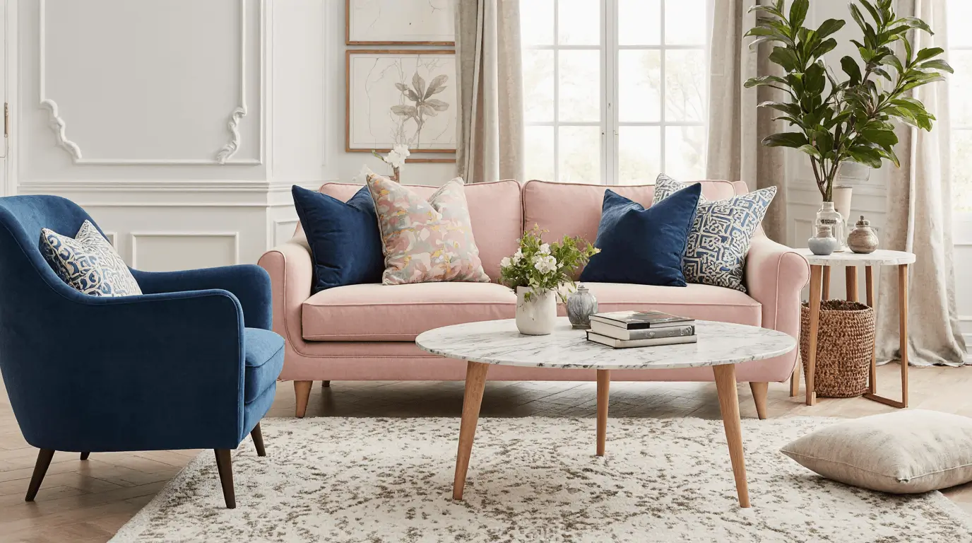 blue and pink living room