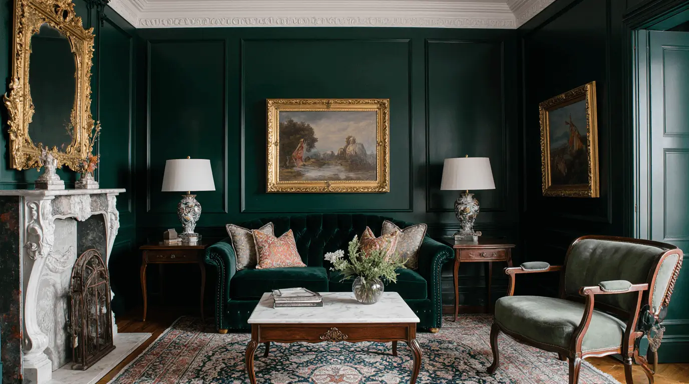 victorian dark green living room