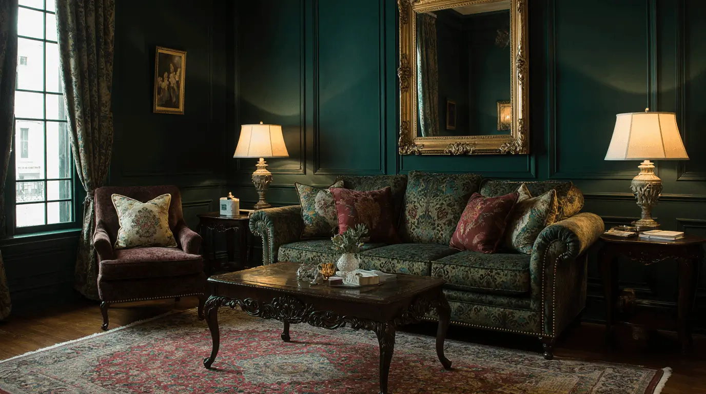 victorian dark green living room