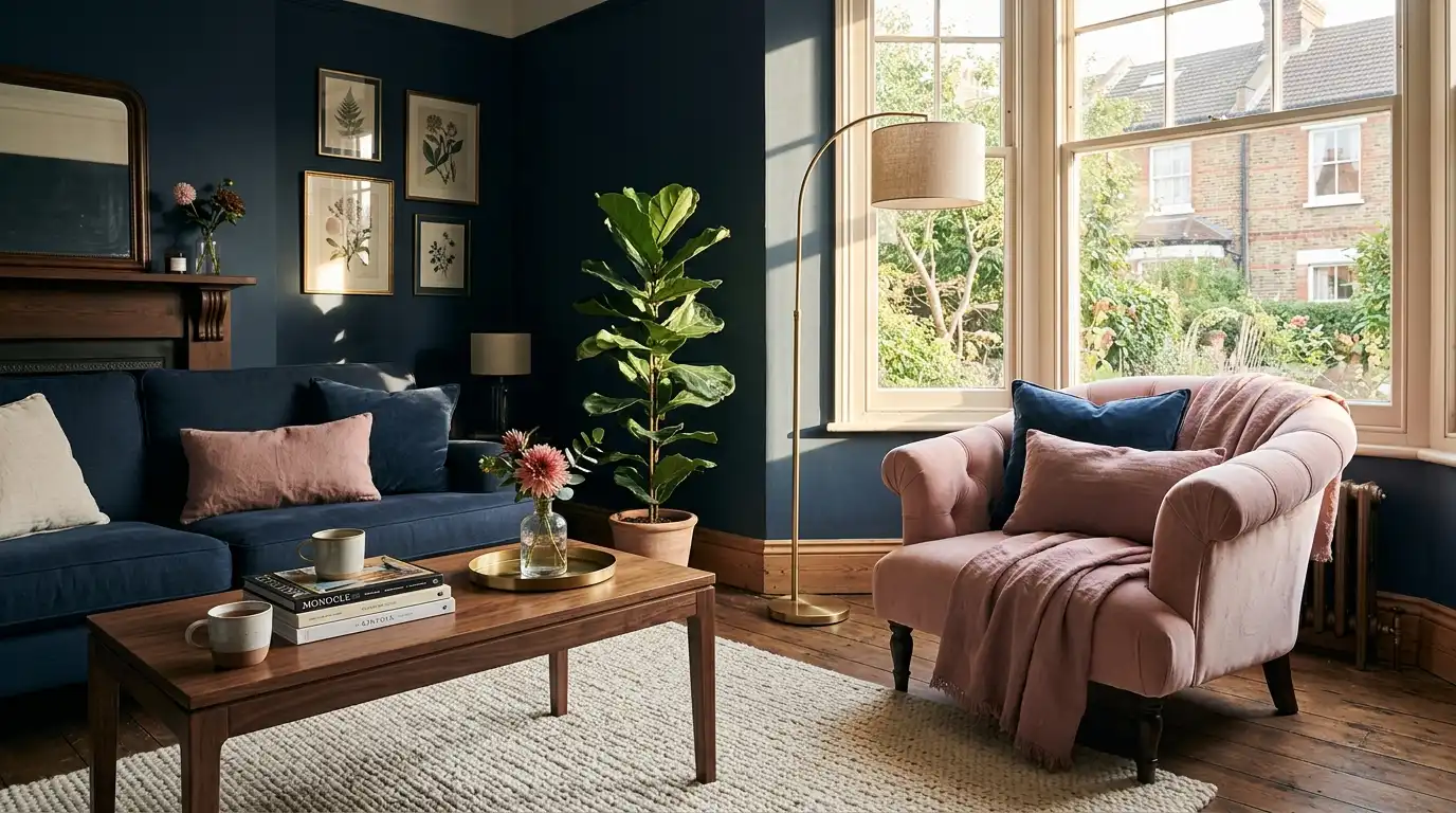 dark blue and pink living room