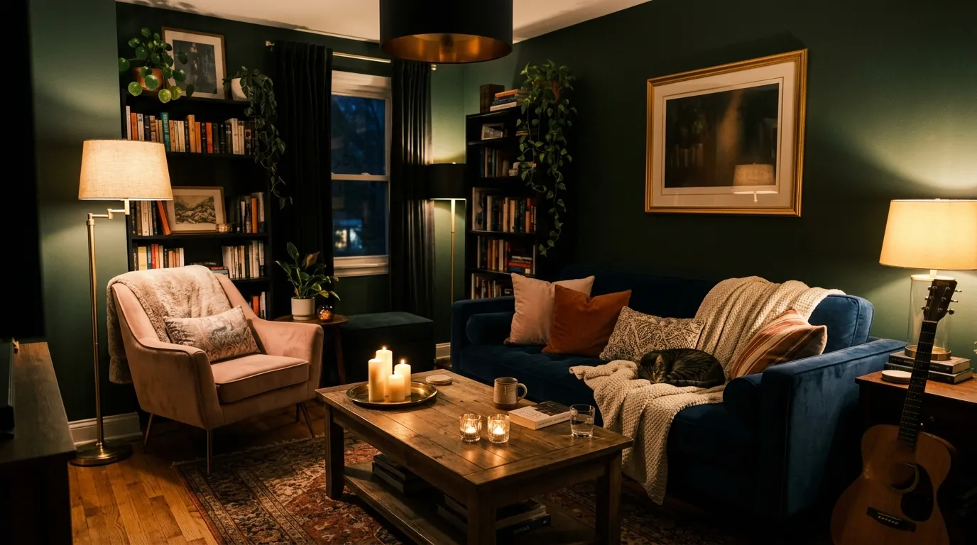 dark blue and pink living room