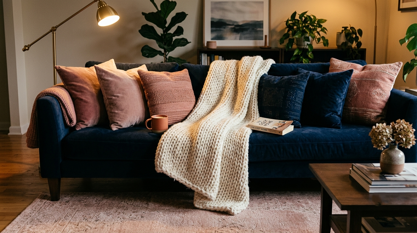 dark blue and pink living room