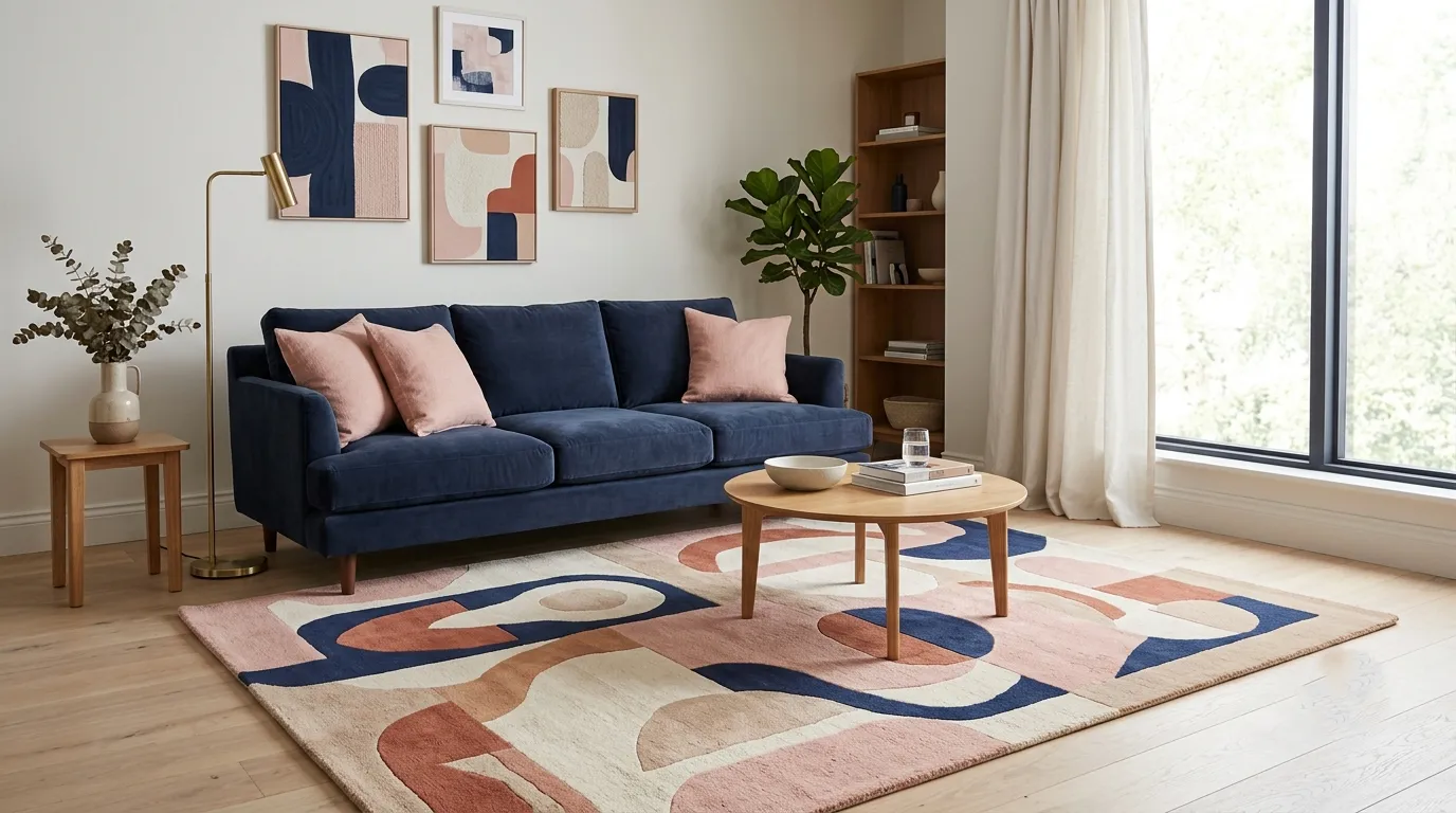 dark blue and pink living room
