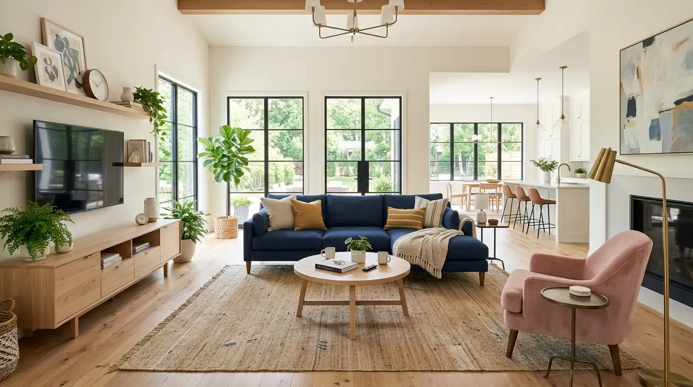 dark blue and pink living room