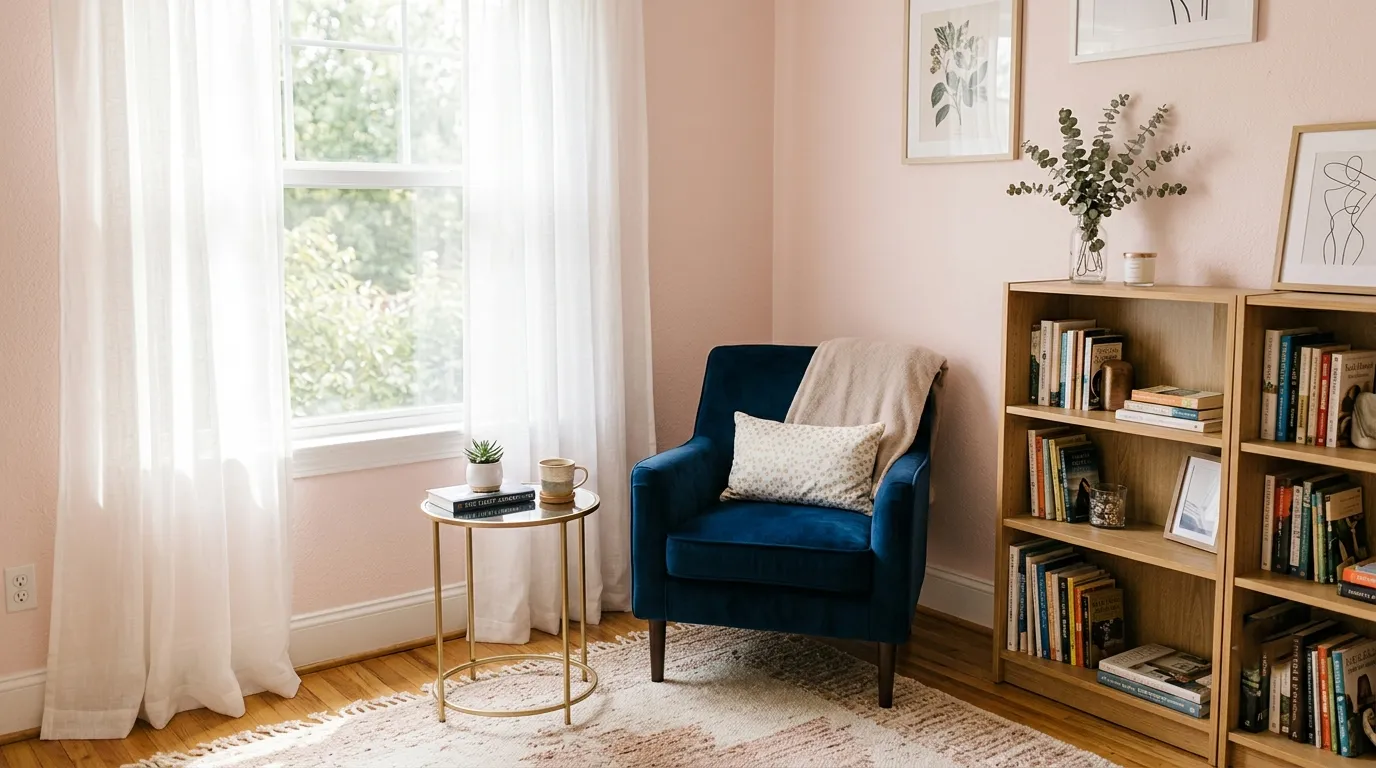 dark blue and pink living room