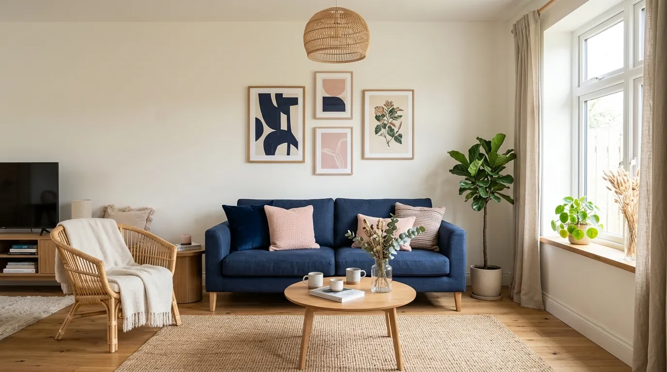 dark blue and pink living room