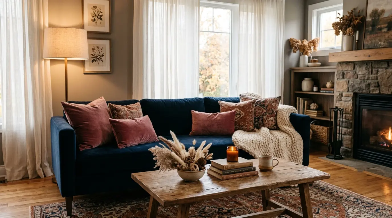 dark blue and pink living room