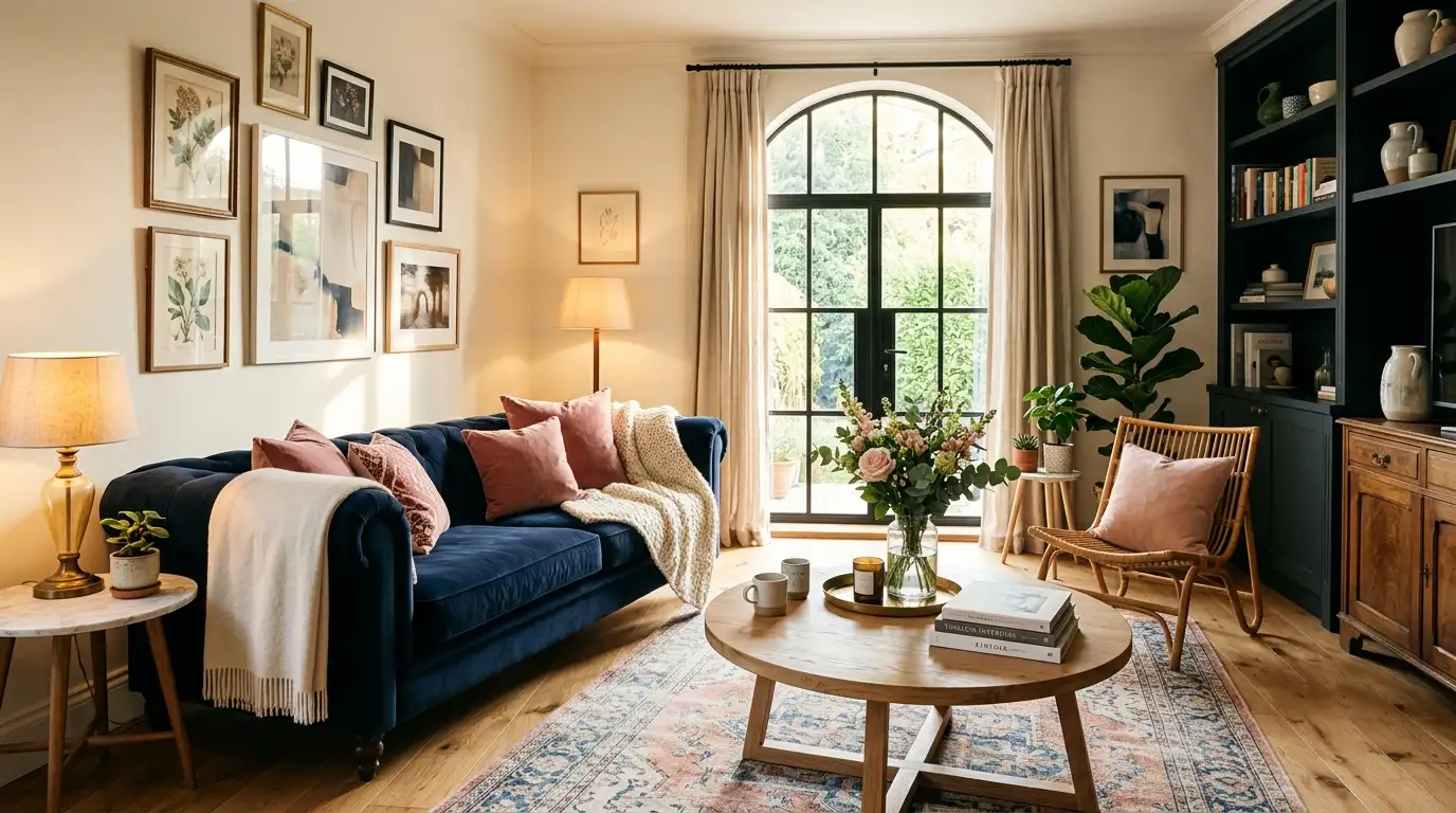 dark blue and pink living room