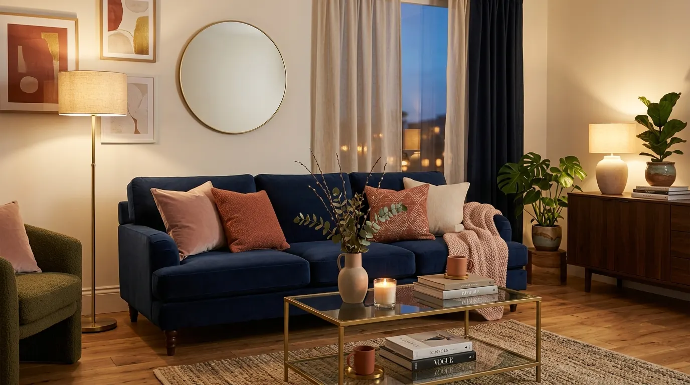 dark blue and pink living room