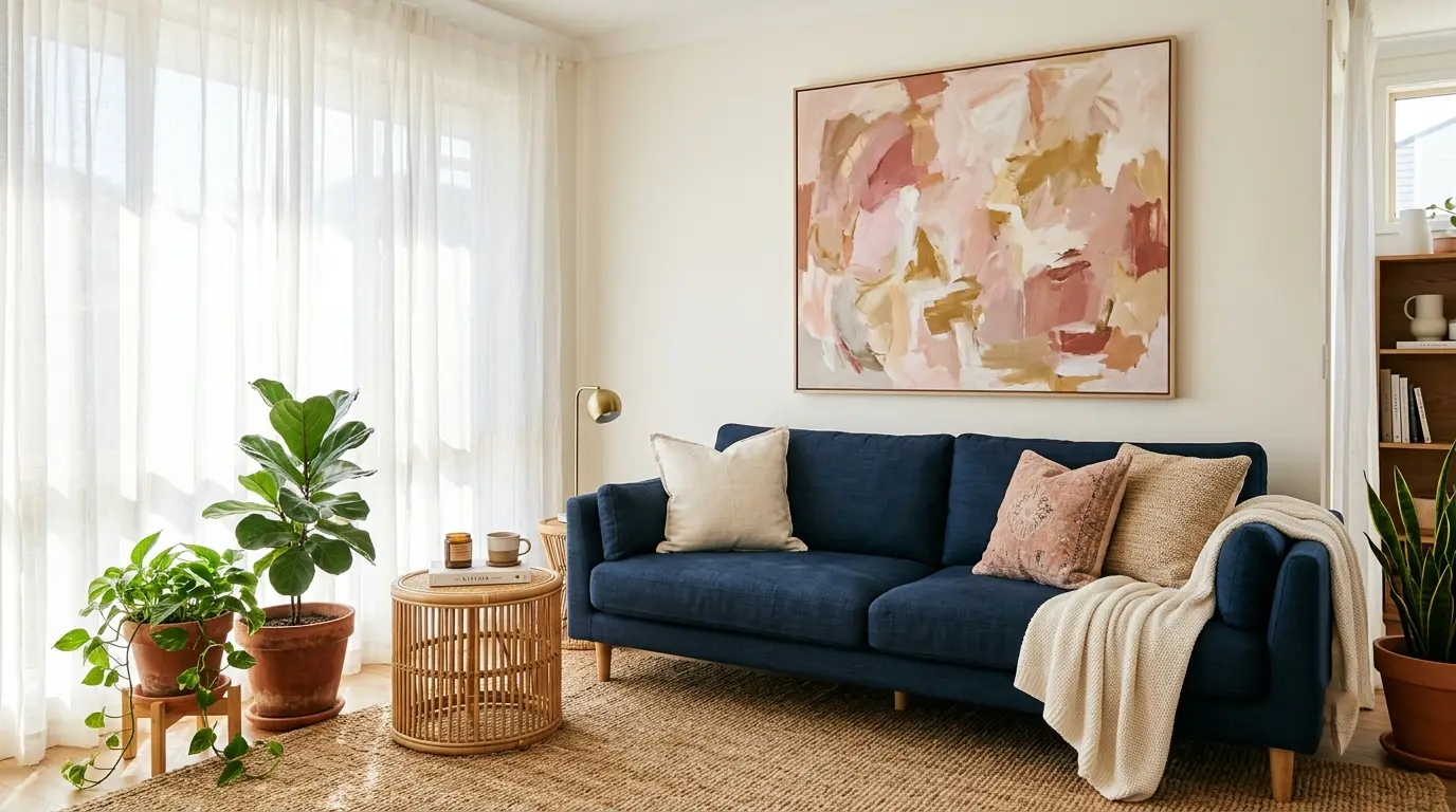 dark blue and pink living room