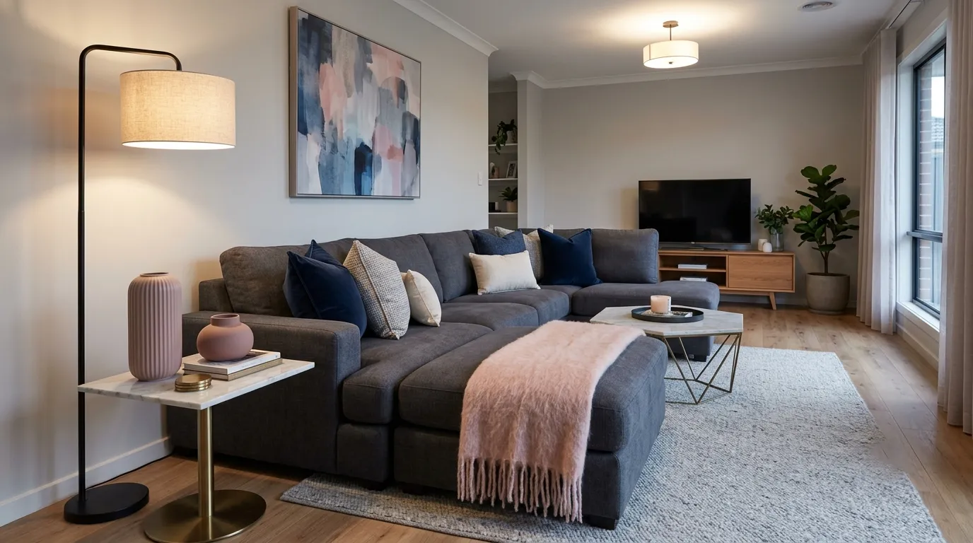 dark blue and pink living room