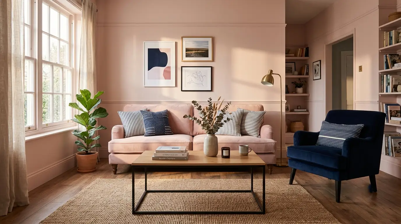 dark blue and pink living room