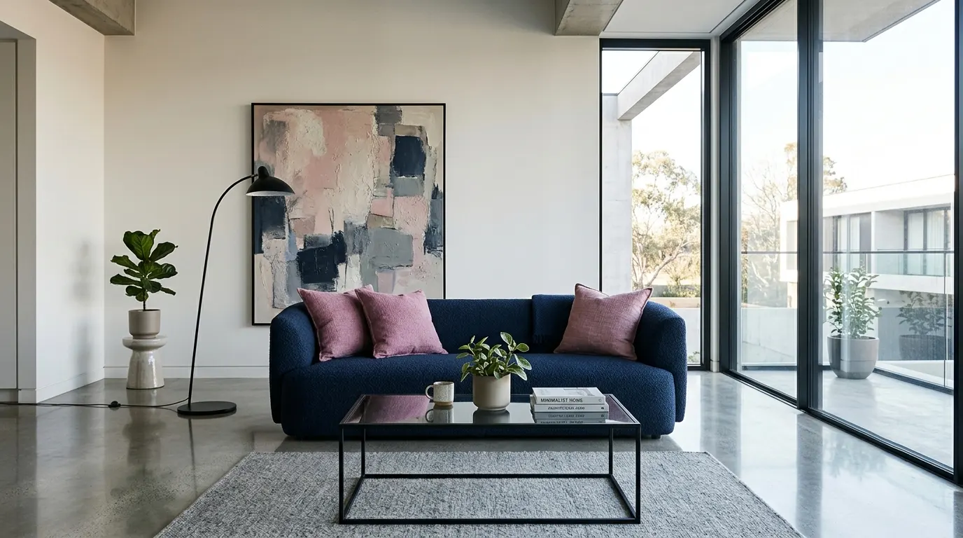 dark blue and pink living room