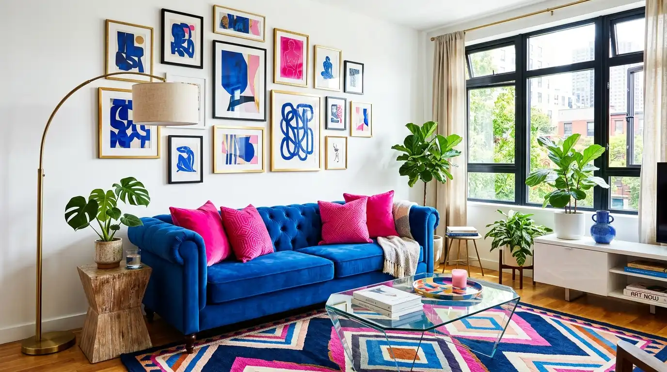 dark blue and pink living room