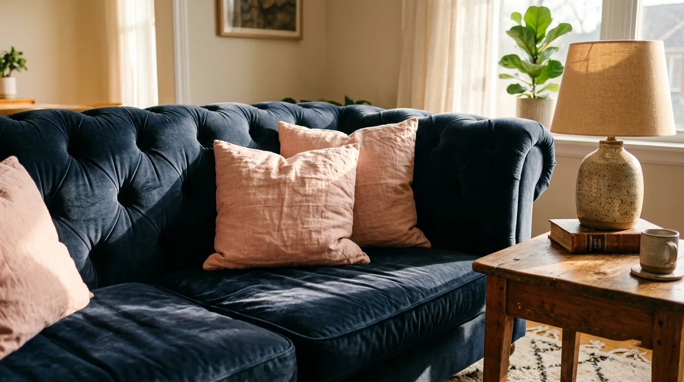 dark blue and pink living room