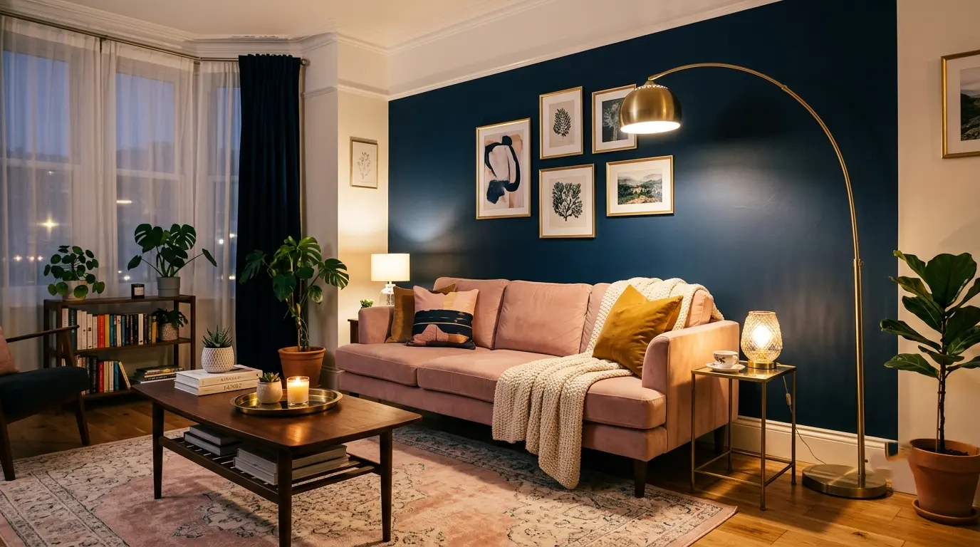 dark blue and pink living room